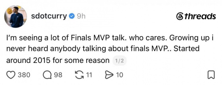 赛斯·库里：2015年前没人讨论FMVP 社媒暗讽奖项炒作
